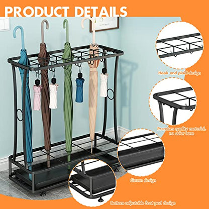 Metal Umbrella Holder Stand with Removable Drip Tray, Industrial Free Standing Umbrella Rack Organizer for Entryway Home Office Patio Decor(21 Slots 24 Hooks, Black)