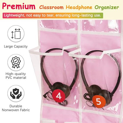 2 Pack Classroom Headphone Storage Organizer with 30 Pockets & 62 Labels | PVC Clear Classroom Pocket Chart for Headphone Cell Phone Over-the-Door Hanging Headphone Holder Bag for School Library, Pink