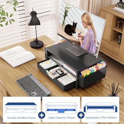 Desk Organizers and Accessories, Computer Monitor Stand Riser with Drawer and 2 Pen Holders, Printer & Laptop Stand, Office Desk Accessories & Workspace Organizers for Home Office Supplies, Black