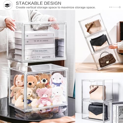 4 Packs Clear Plastic Handbag Storage Organizer for Closet Small | Acrylic Display Box for Handbag, Stackable Storage Boxes Bag Organizer with Magnetic Door for Purse Clutch Wallet Book
