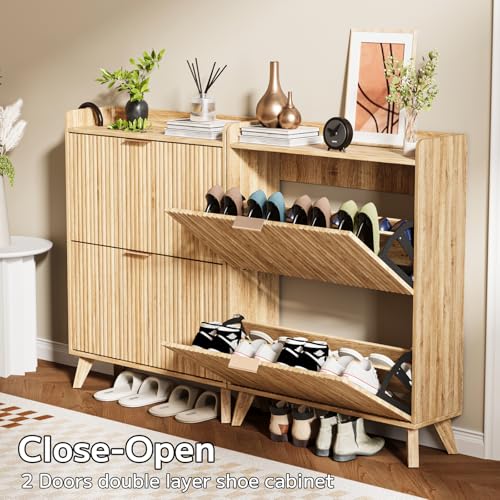 Fluted Shoe Cabinet Storage with 2 Flip Drawers, Wood Narrow Hidden Shoe Organizer with Adjustable Shelf for Entryway, Freestanding Slim Shoe Rack for Hallway Living Room, Saving Space, Oak