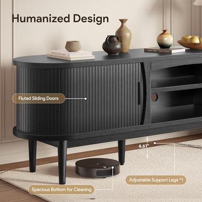 Decofy Mid Century TV Stand for TVs up to 90 Inches, Entertainment Center with Storage, Power Outlet, Fluted Sliding Doors & Adjustable Shelves, Modern Media TV Console Table for Living Room (Black)