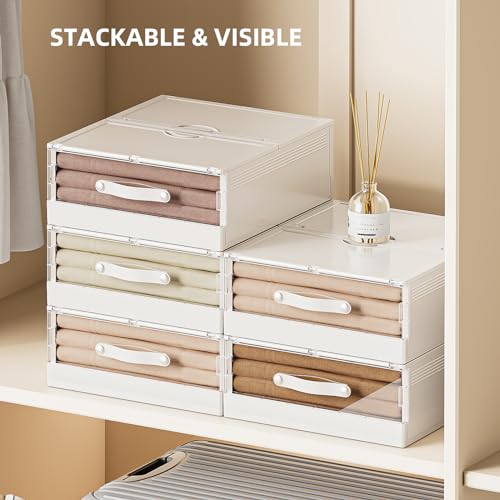 Plastic Bed Sheet Organizers and Storage 4 Pack Sheet Set Storage Organizer, Foldable Linen Closet Organizer with Window, Lockable Storage Bins for for Bedding Sheets, Duvet Covers, Blankets