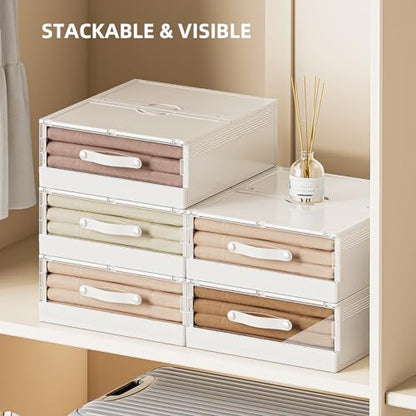 Plastic Bed Sheet Organizers and Storage 4 Pack Sheet Set Storage Organizer, Foldable Linen Closet Organizer with Window, Lockable Storage Bins for for Bedding Sheets, Duvet Covers, Blankets