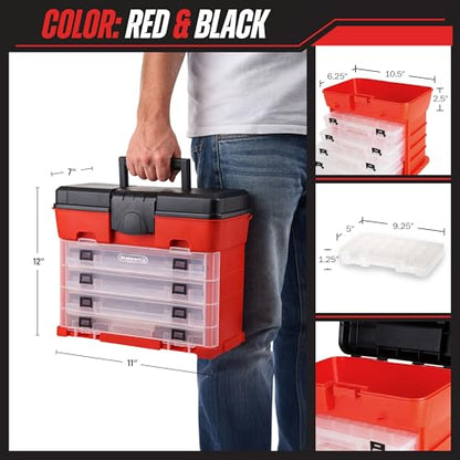 Portable Tool Storage Box - Small Parts Organizer with 4 Multi-Compartment Trays for Fishing Tackle, Hand Tools, or Craft Supplies by Stalwart
