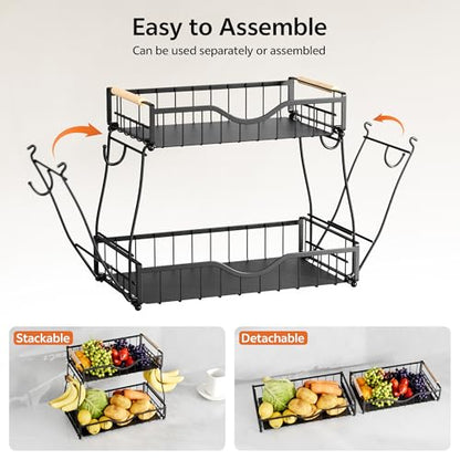 2 Tier Fruit Basket for Kitchen Countertop with 2 Banana Hangers,Detachable Metal Fruit Bowl with Wooden Handles and Protective Pads,Large Capacity Fruit and Vegetable Basket Organizer,Black