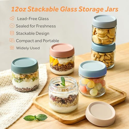 4 Pack Glass Clear Storage Canister with Airtight Lid, 12oz Overnight Oats Containers, Small Cute Decorative Pantry Jar for Snacks, Yogurt, Cereal, Fruit, Salad, Spice, Sugar, Coffee, Tea