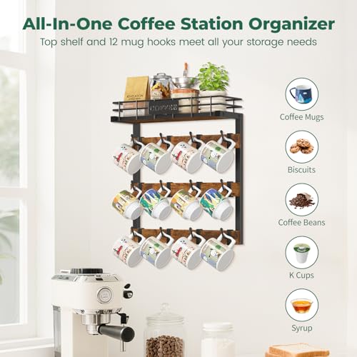 Coffee Mug Holder Wall Mounted Display Rack, Black... (Black | Metal, Wood)