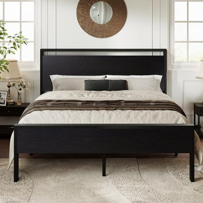 Allewie Queen Size Bed Frame, Heavy Duty 12 Metal Slats Support, Black Oak