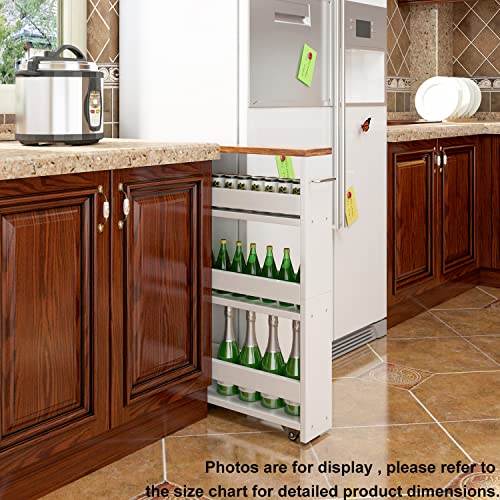 TEAMIX Slim Rolling Storage Cart, Wood 4-Tier Narrow Kitchen/Laundry Cart | 5.5"W Thin Cabinet with Wheels and Handle, Use as Spice Rack Next to Fridge, Laundry Room Organization Between Washer & Dryer