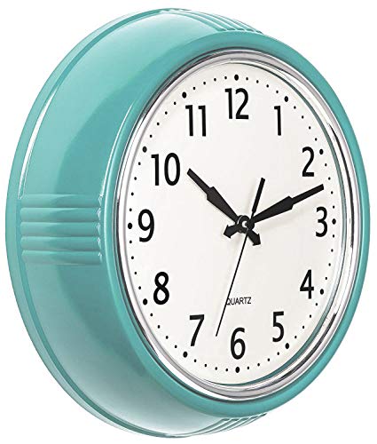 Bernhard Products Retro Wall Clock 9.5 Inch Blue Kitchen 50's Vintage Design Round Silent Non Ticking Battery Operated Quality Quartz Clock (Robin Egg Blue)