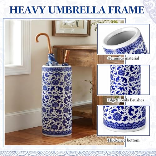 Sawysine Blue and White Ceramic Umbrella Stand, Floral Design Floor Vase for Entryway Indoor Decorative, 19.7" Heavy Porcelain Holder for Umbrellas Canes Home Decor(19.7 Inch,Lotus in Vine)