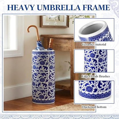 Sawysine Blue and White Ceramic Umbrella Stand, Floral Design Floor Vase for Entryway Indoor Decorative, 19.7" Heavy Porcelain Holder for Umbrellas Canes Home Decor(19.7 Inch,Lotus in Vine)