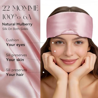 Silk Sleep Mask 22 Momme 100% Mulberry Silk & 3.5cm Silk Hairband Set for Side Sleeper Women Men,Light Blocking Nose Pad, Adjustable Silent Strap,Eye Mask fo Home & Travel Use (Pink)