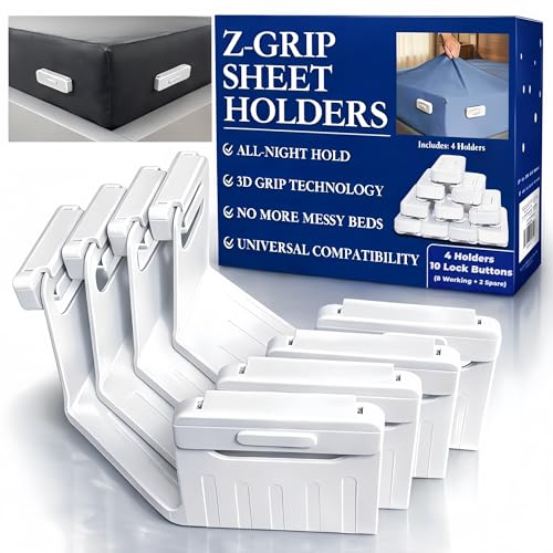 The Original Patented Fitted Sheet Holders - 4 Bed Sheet Grippers 10 Sheet Locks (8 + 2 Spares) Bed Sheet Holders For Corners, Clips, No Metal Corner Sheet Grippers Easily Say Goodbye To Loose Sheets