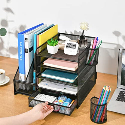 Marbrasse Desk Organizer with File Holder, 5-Tier Paper Letter Tray Organizer with Drawer and 2 Pen Holder, Mesh Desktop Organizer and Storage with Magazine Holder for Office Supplies(Black)