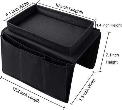 Sofa Armrest Organizer with Cup Holder No-Slip Couch Sofa Armrest Organiser Couch Remote Caddy Control Holder with 1 Large Pockets and 3 Small Pockets for TV Remotes Cellphone Magazines Drinks (Black)