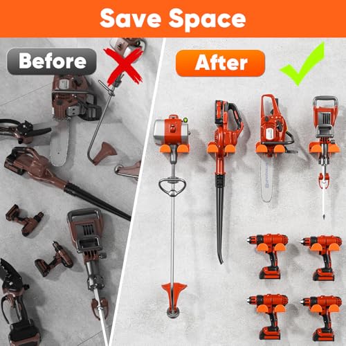 POKIPO Weedeater Hanger, 2 Pack Garage Organize Grass String Trimmer Rack, Heavy Duty Metal Weed Eater Holder Wall Mount Save Space, Garden Tool Storage Rack Loads 25lbs, Weed Wacker Hooks for Garage