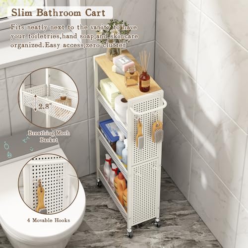 Utility Slim Storage Cart 4 Tier Rolling Laundry Room Organization Cart： | Wood Top Metal Narrow Laundry Room Shelves Cabinet Unit Laundry Organizer Trolley with Handle for Small space