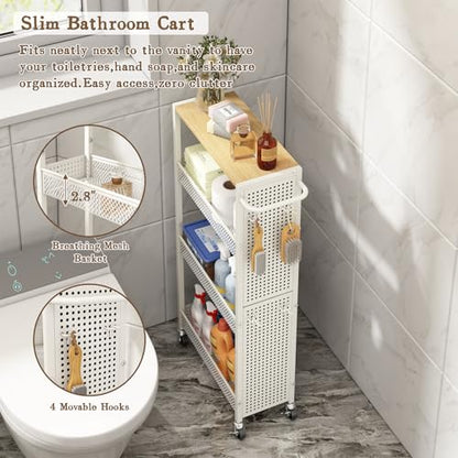 Utility Slim Storage Cart 4 Tier Rolling Laundry Room Organization Cart： | Wood Top Metal Narrow Laundry Room Shelves Cabinet Unit Laundry Organizer Trolley with Handle for Small space