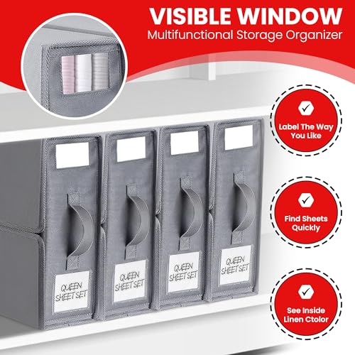 Bed Sheet Organizers and Storage, 4 Pack Sheet Folder Organizer, Linen Closet Organizer for Bedding Sheets, Duvet Covers and Pillow cases, Grey