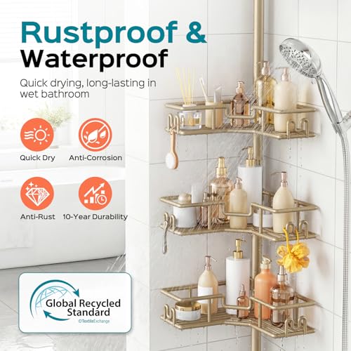 HAMITOR No-Drill Shower Rack, 4-Tier Corner Rustproof Tension Pole, Khaki | Bathroom Accessories With Hooks Renter-Friendly, 47.7-123.6in Adjustable, Space-Saving Bathtub Caddy For Family, Apartment RV
