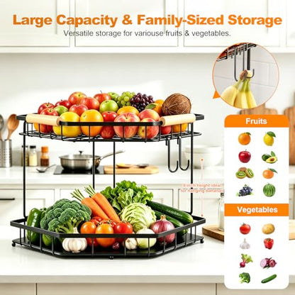 2 Tier Corner Fruit Basket for Kitchen Counter With 2 Banana Hangers | Space-Saving Corner Design, 2 Protective Mats,Wooden Handle,Fruit Holder For Fruit and Vegetable Storage,Counter Fruit Stand