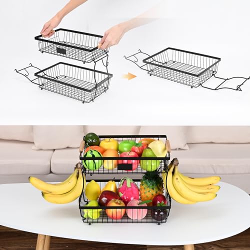 Fruit Basket Bowl 2 Tier Detachable with 2 Banana Hangers, Fruit Stand Holder for Kitchen Countertop, Metal Wire Vegetable Storage Organizer, for Bread Snack Veggies Produce, Black