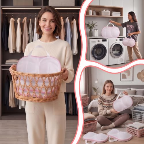 8 Pcs Bra Washing Bags, Lingerie Bag for Washing Brassiere, Pink, A-D Cups | Women & Girls Bra Washer Protector | Home and Travel Use | Concealed Zipper | Breathable Mesh Fabric | Easy to Clean