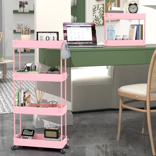 SPACEKEEPER Slim Rolling Storage Cart, 4 Tier Bathroom Cart Organizer, Pink | Narrow Rolling Cart with Wheels for Kitchen Office Bathroom Laundry Room,Mobile Utility Cart for Craft Art Makeup Nail Polish