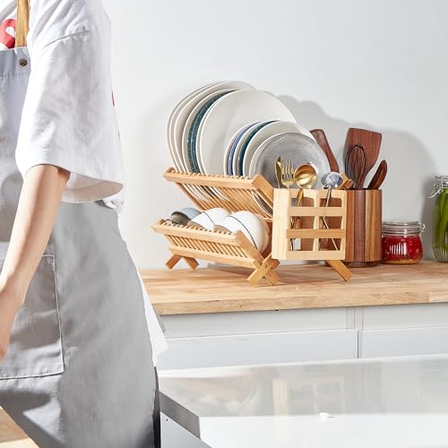 Bamboo Dish Drying Rack-2 Tier, Collapsible Small Dish Rack with Utensil Holder, Wooden Drying Rack for Kitchen Counter, Apartment Essentials Kitchen Plate Holder Organization 34 pcs Grid
