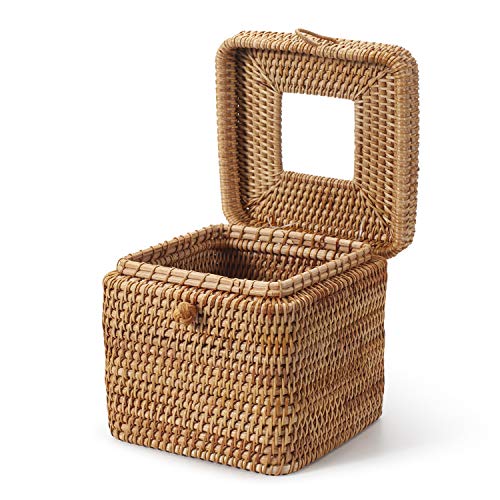 Rattan Square Tissue Box Cover, 5.7" x 5.7" x 5", Decorative Woven Facial Tissue Holder with Hinged Top Lid, Natural Color
