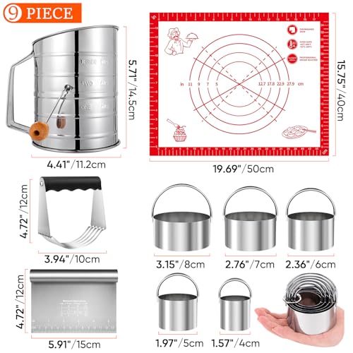 9PCS Stainless Steel Pastry Blender Set, 3 Cup Flour Sifter, Biscuit Cutter, Pastry Cutter, Dough Cutter, Silicone Baking Mats, for Cooking Cookies and Donuts, Cakes, Biscuits or Making Pancakes
