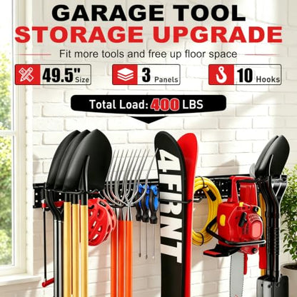 Garage Tool Organizer Wall Mount 49.5 inches with 10 Adjustable Heavy-Duty Hooks, Garage Organization, Garden Tool Storage Rack, Yard, and Shed, Holds Up to 400 lbs