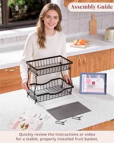 Large 2 Tier Fruit Basket for Kitchen Counter with 2 Banana Hangers, Black | Metal Fruit Bowl with Protection Mats for Vegetables, Snacks & Bread | 14.5" W x 9.5" D