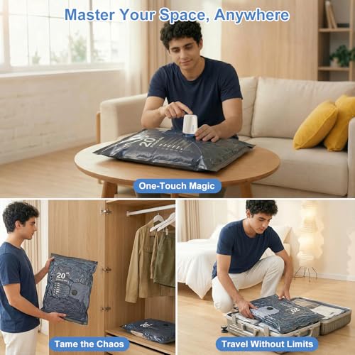 12 Pack Vacuum Bags for Travel with Pump for Clothing and Luggage | Rechargeable USB-C Pump, 3 Sizes, Space Saver Compression Bags for Suitcase, Carry-on, Flight and Closet Storage