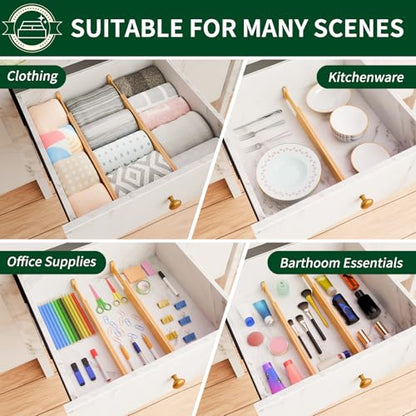 Dunruz Bamboo Drawer Dividers 2.6" High,17"-20" Adjustable Spring Loaded Clothes Drawer Organizers for Kitchen, Dresser, Bathroom, Bedroom and Office
