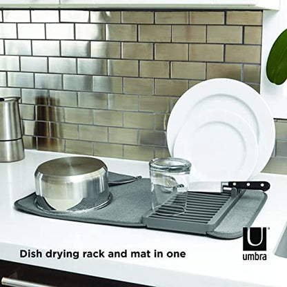 Umbra Udry Dish Drying Rack, Folding Dish Drainer Mat, Mini, Dark Grey | Absorbent microfiber base, removable tray, dishwasher safe, compact storage, BPA-free plastic