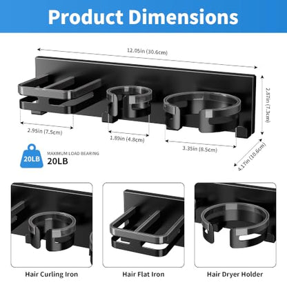 Hot Hair Tool Organizer Wall Mount with Plug & Cord Storage, Black | Blow Dryer Holder, Metal Hair Straightener Curling Iron Flat Iron Rack, Heat Resistant Hair Dryer Holder for Bathroom , Salon