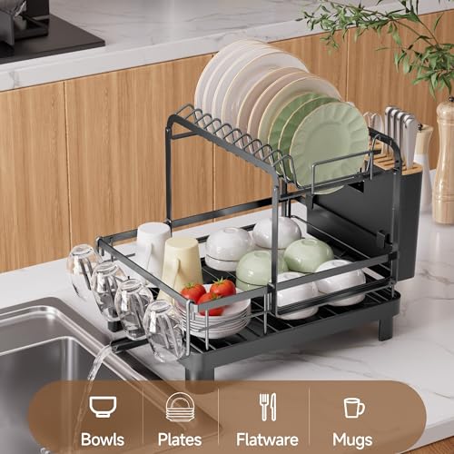 2-Tier Dish Drying Rack, Large Dish Drainers for Kitchen Counter | Anti-Rust Dish Rack with Drainboard, Utensil Holder, Extra Cup Holder, Black