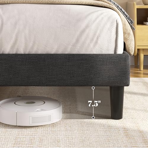 Queen Platform Bed Frame with Linen Upholstered Adjustable Tall Headboard, No Box Spring Needed, Anti-Noise EVA Sponge, Easy Assembly, One-Box Shipping, 7.5 Inch Under Bed Storage, Dark Grey