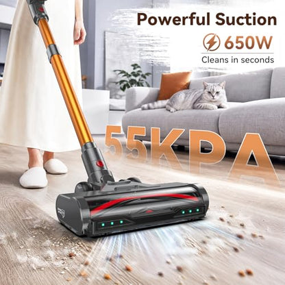 TechRise Cordless Vacuum Cleaner 650W 55KPa with Green Headlight | 70-Min Runtime, Anti-Tangle Brush, 8-in-1 Filter,LED Display,Handheld Design for Pet Hair, Carpet, Hard Floor and Home