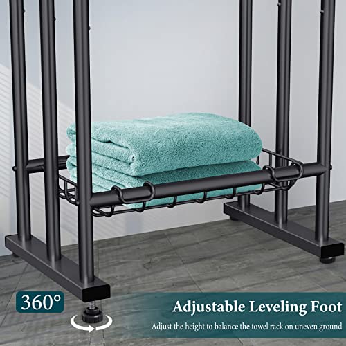 Kayfia 40'' Freestanding 3 Tier Alloy Steel Towel Rack with Storage Basket | Dual-Use Drying & Display Rack, Holds Oversized Bath Towels & Blankets, Fits Bathroom, Tub, Shower, Poolside, Black