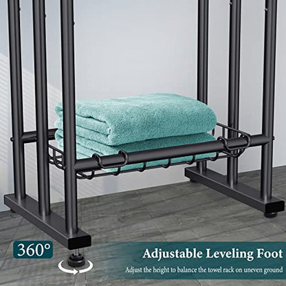 Kayfia 40'' Freestanding 3 Tier Alloy Steel Towel Rack with Storage Basket | Dual-Use Drying & Display Rack, Holds Oversized Bath Towels & Blankets, Fits Bathroom, Tub, Shower, Poolside, Black