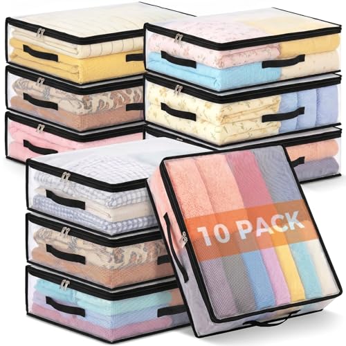 10Pcs Clear Storage Bags With Zippers & Handles Blanket Storage Bag | 21L Plastic Clothes and Under Bed Storage Organizers for Sheets Bedding Comforter Linen Sweaters Toys, 15.7x13.8x5.9 In