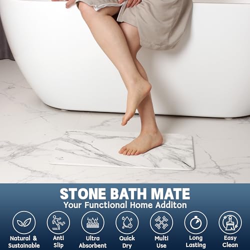 2 Pack Stone Bath Mat - Diatomaceous Earth Bath Mat Fast-Drying Stone Drying Mat Super Absorbent Diatomite Mats for Bathroom, Dish Drying, Bathtub (White Marble