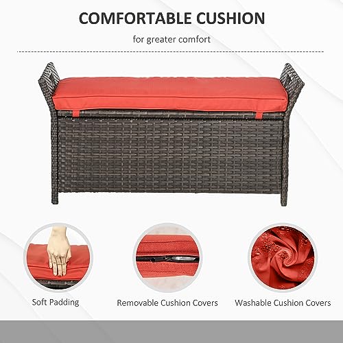 Outsunny 29 Gallon Patio Wicker Storage Bench Outdoor PE Rattan Red | Furniture, 2-In-1 Large Capacity, Rectangle Garden Storage Box, Handles, Cushion