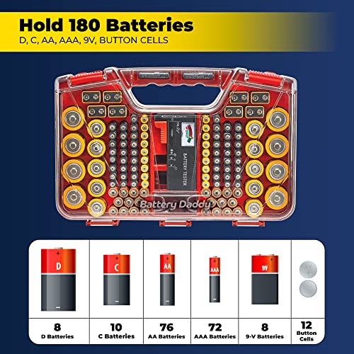 Ontel Battery Daddy Storage & Organizer Case w/Tester, Stores & Protects Up to 180 Batteries, Double-Sided, Clear Locking Lid, Secure Latches & Portable Carrying Handle - Red (Batteries Not Included)