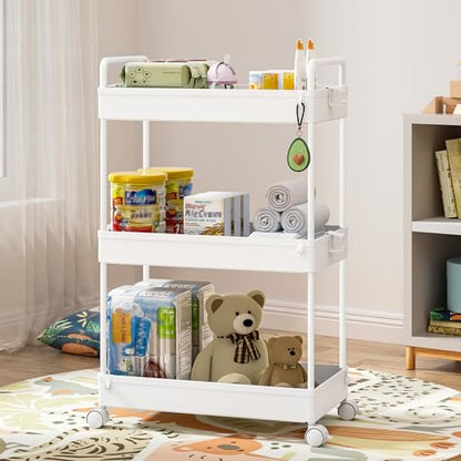 Ronlap 3 Tier Slim Rolling Storage Cart with Wheels Utility Organizer,White | For bathroom, laundry, kitchen, bedside & dorm. Fits art, craft, snack, makeup, nail, diaper & postpartum baby supplies