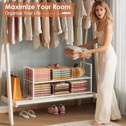 Hongtamoya Stackable Closet Storage Shelf with Adjustable Divider | Closet Organizer and Storage Container for Clothe, Jean Pant Shirt Sweater Purse Shoe, Use in Bedroom RV Closet System, White